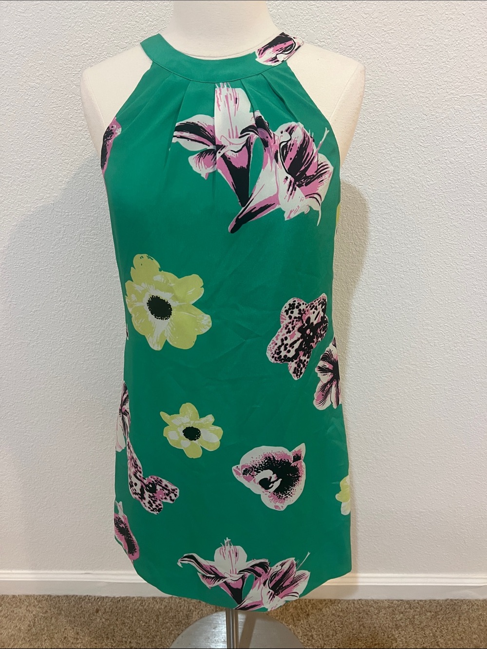 J. Crew Green Floral Halter Mini Dress with Pink & Yellow Blooms